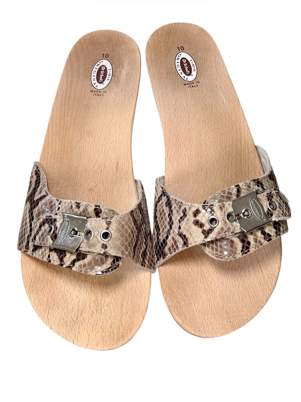 Dr. Scholl's Original Sandals Size 10 Wood Clog Slide Made Italy 🐍 snakeskin